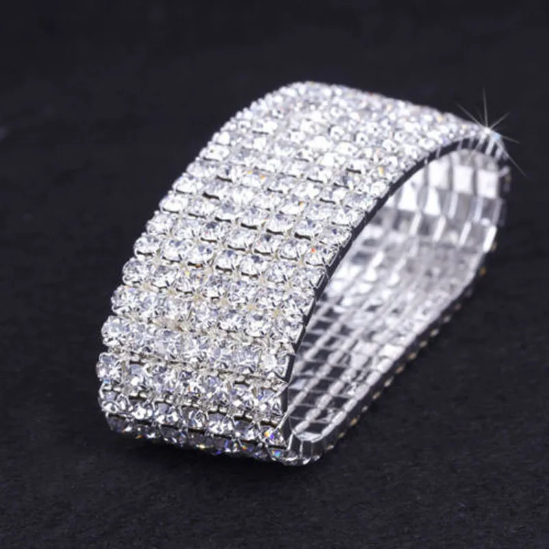 

7 рядов Стразы стрейч браслет с серебряным покрытием и золотой Цвет с металлическими украшениями; Свадебные браслет с кристаллами для женщи...