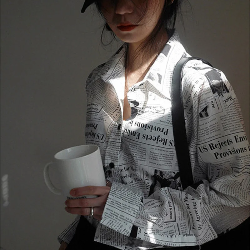 Long Sleeve Shirt Womens Tops and Blouses Black White Letter Newspaper Print Loose Casual korean Fashion Clothing |