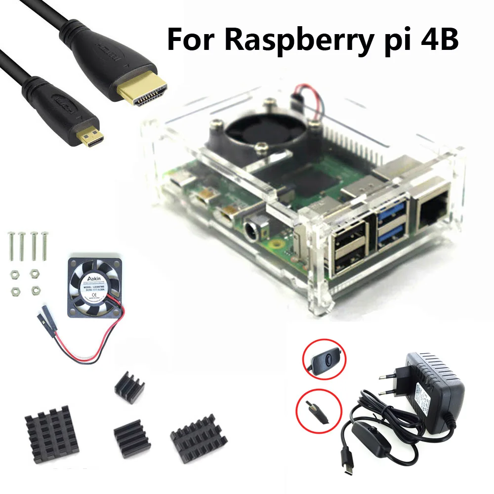 Raspberry Pi 4 Модель B стартовый комплект источник питания акриловый чехол вентилятор радиатора HDMI