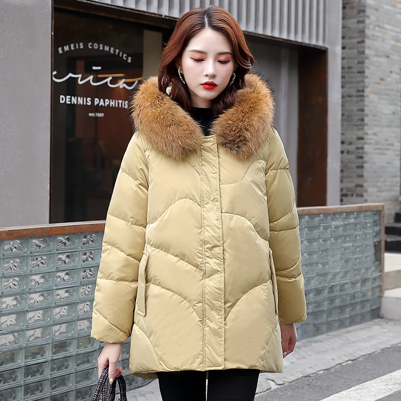 

2021 темпераментное пальто с меховым воротником светло-белое утолщенное теплое корейское пуховое пальто на молнии