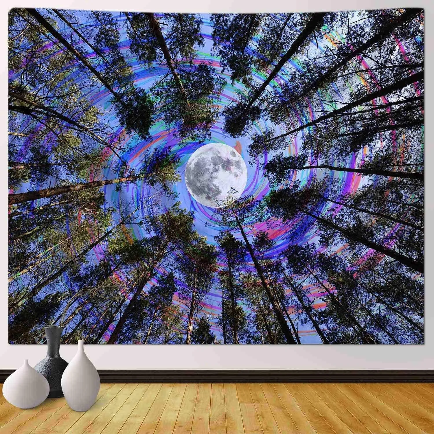 

Funeon Trippy Tapestries Wall Hanging Psychedelic Forest Tree Colorful Moon Purple Ceiling Tapestry for Bedroom Teen Girls Cute