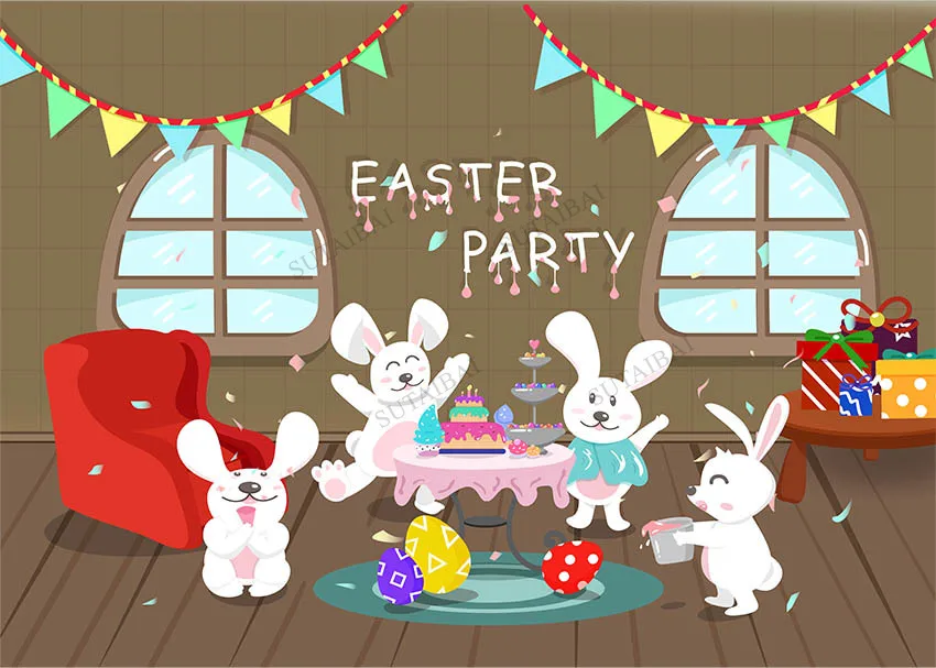 

Easter Backdrops Photography Rabbit Eggs Happy Easter Party Baby Shower Newborn Toys Wooden Plank Portrait Photo Background