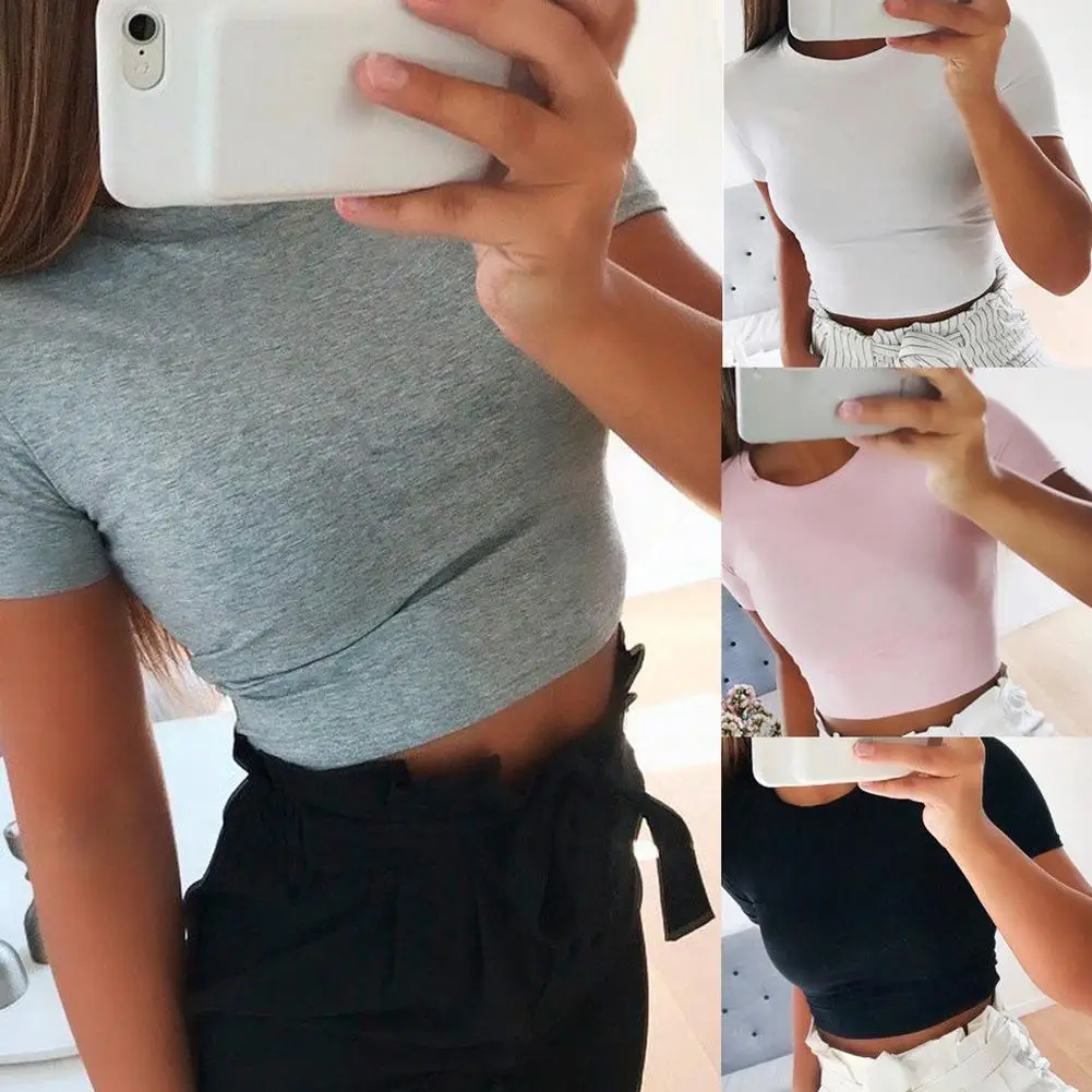 Женский пикантный однотонный топ с коротким рукавом и круглым вырезом летний