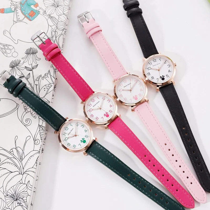 

Cutie Minnie Mouse Ladies Love Rose Leather Quartz Watches Women Round Fashion Girl Luxury Watch Luxury Disney Student Hour Gift