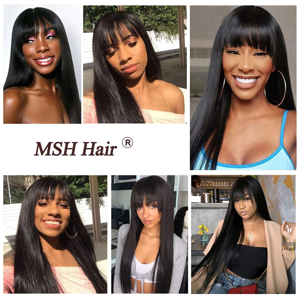 

MSH Hair Straight Human Hair Wigs for Women Fake Scalp Lace Wig With Bangs Non-Remy Middle Part Wigs Brazilian Straight Hair