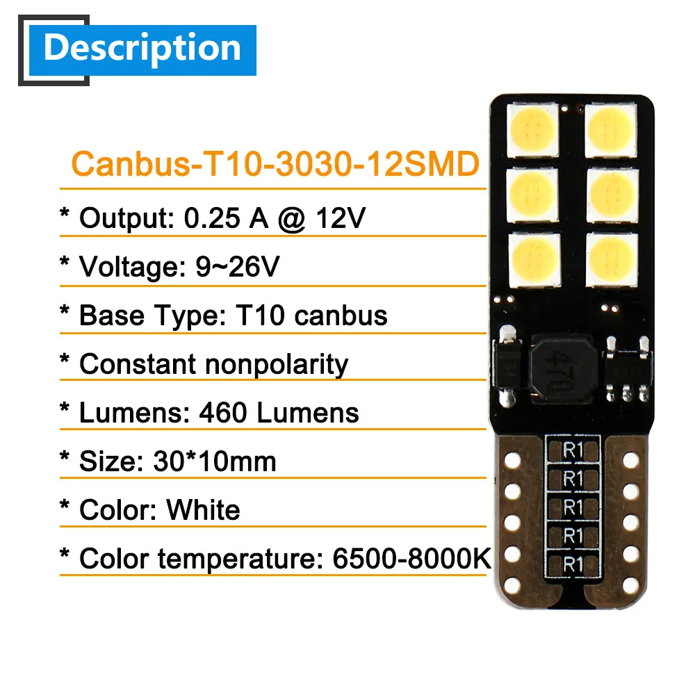 2X W5W Canbus 9 26 В T10 3030 12SMD Светодиодная лампа индикатор ширина габаритная