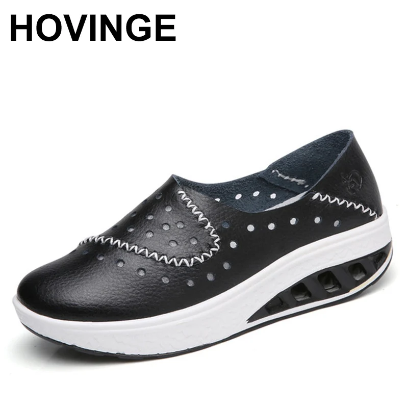 HOVINGESummer Дамская обувь на танкетке дышащие кожаные кроссовки платформе женская