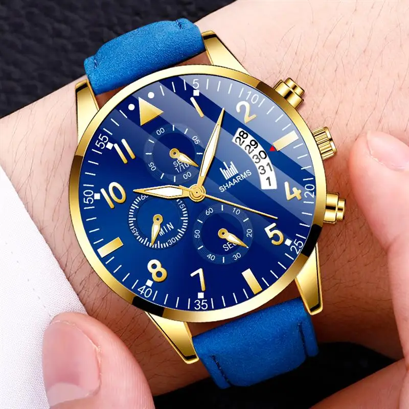 SHAARMS мужские черные часы роскошный кожаный ремешок нержавеющая сталь кварцевые