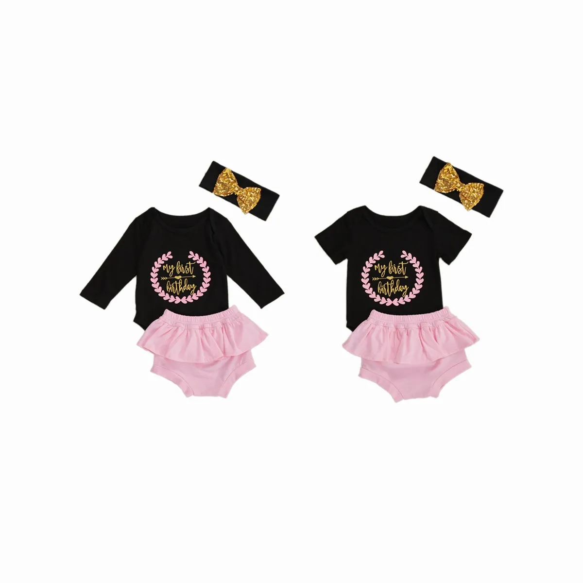 

Infant Baby Girl Clothes Short/Long Sleeve Letter Print Bodysuit Top+Ruffles Shorts+Headband 3PCS Outfit Tracksuit Warm Clothes