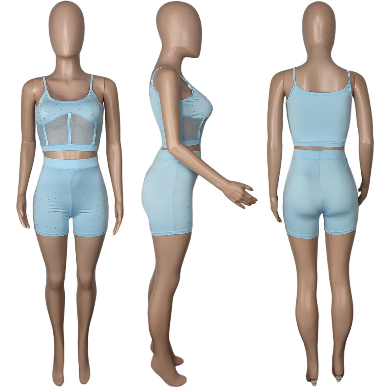 

Rhinestones Patchwork Two Piece Set Mesh SeeThrough Spaghetti Strap Corset Top and Shorts Night Club Party Tracksuit