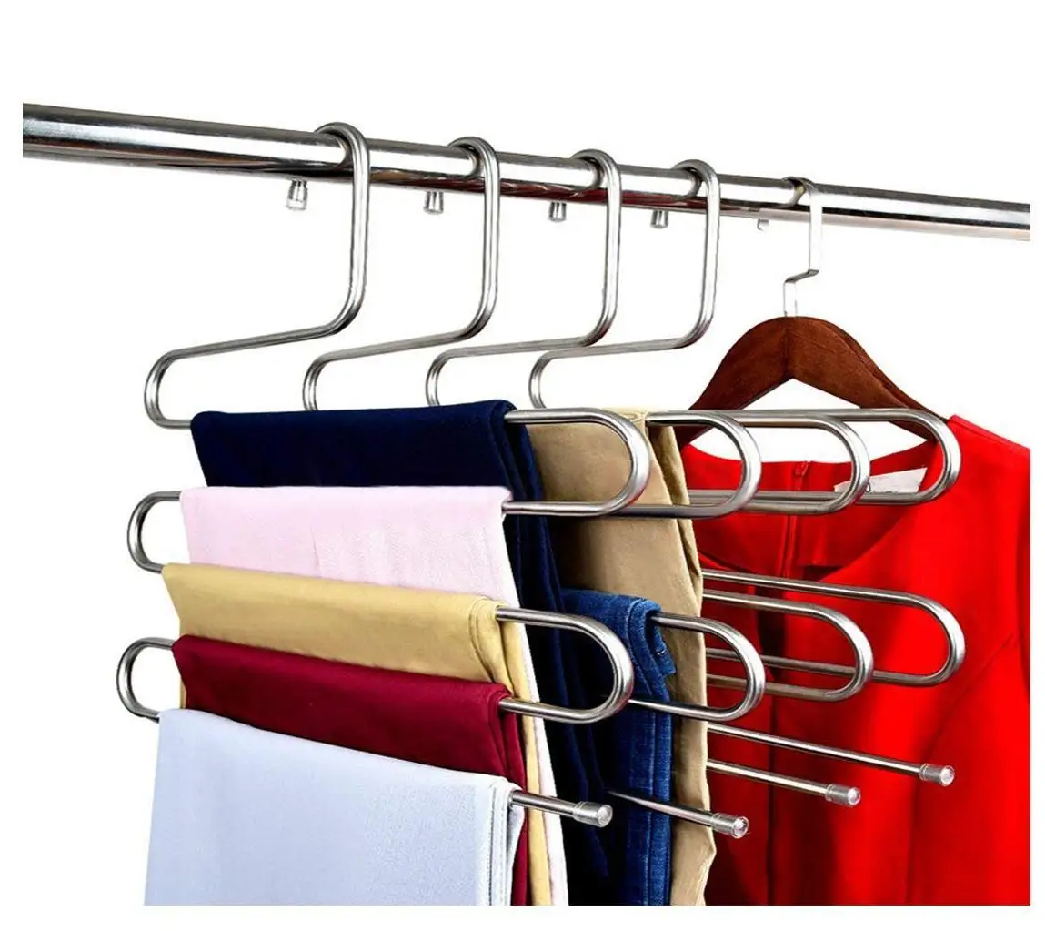 

4pcs Multi Pants Hanger Rack Trousers Stainless Steel S-type 5 Layers Clothes Belt Hangers Space Saving Storage For Closet Organ