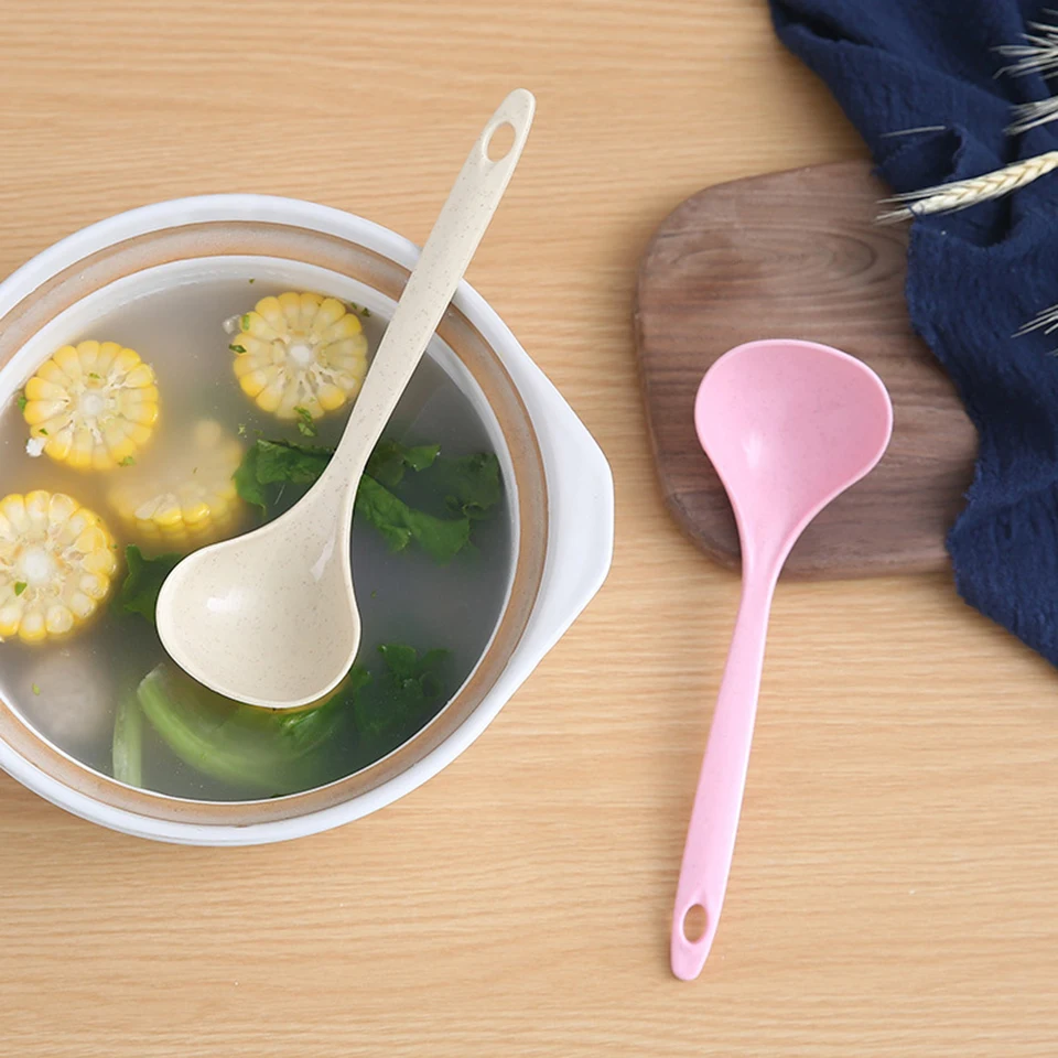 

Wheat Straw Long Handle Round Environmental Spoons for Soup Cooking Mixing Stir