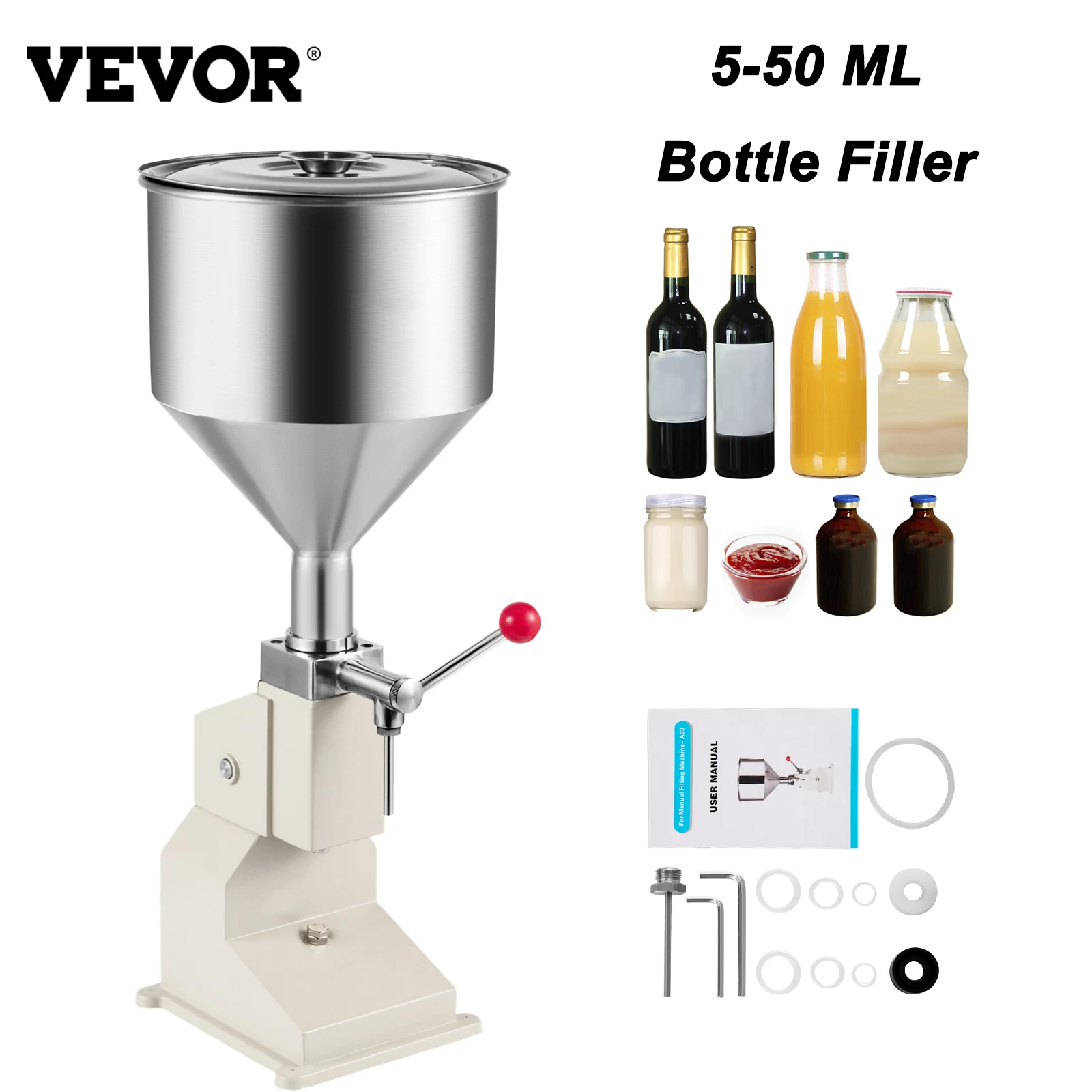 

VEVOR 5-50 ML Adjustable Manual Liquid Filling Machine 10L Commercial Liquid Dispenser A03 Bottle Filler for Paste Cosmetic Oil
