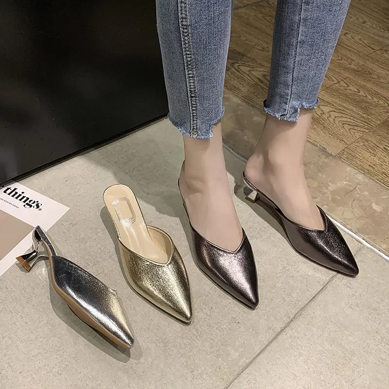 

Med High-Heeled Shoes Lady Woman's Slippers Female Mule Pointed Toe Slides Shallow Fashion Thin 2021 Mules Cover Luxury Rubber P