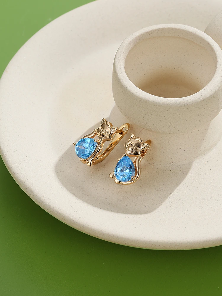 

INALIS Stud Earrings Women Cute Cat Copper Earring Water Drop Blue Cubic Zirconia Female Anniversary Fashion Jewelry Recommend