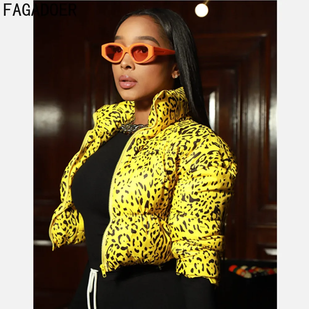 FAGADOER Winter Print Coat Women Thick Warm Bread Service Jackets Female Zipper Stand Up Collar Cardigan Top Outerwear 2021