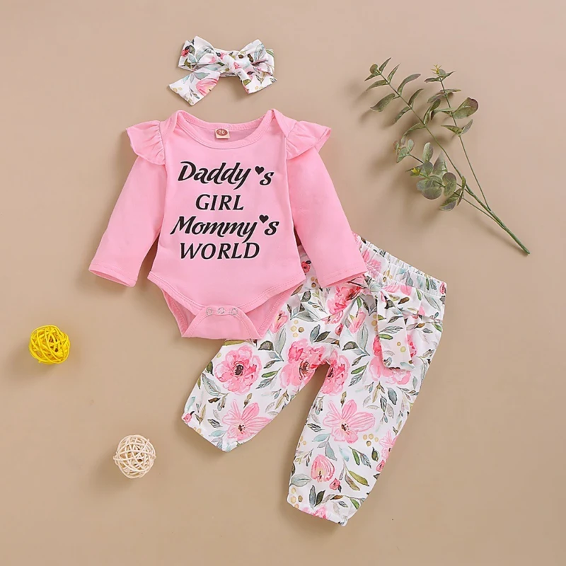 

Newborn Clothing Baby Girls Long Sleeve Alpha-Printed Romper + Floral Printed Pants + Headband Set Kids Girls Casual Outfits