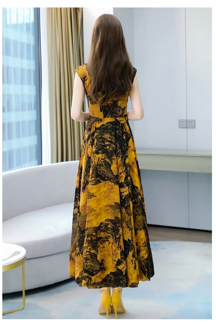 

Noble Lady Travel Elegant Floral Dress Female Summer clothes for women New Waist round Neck Short Sleeve Super Fairy Large Swing