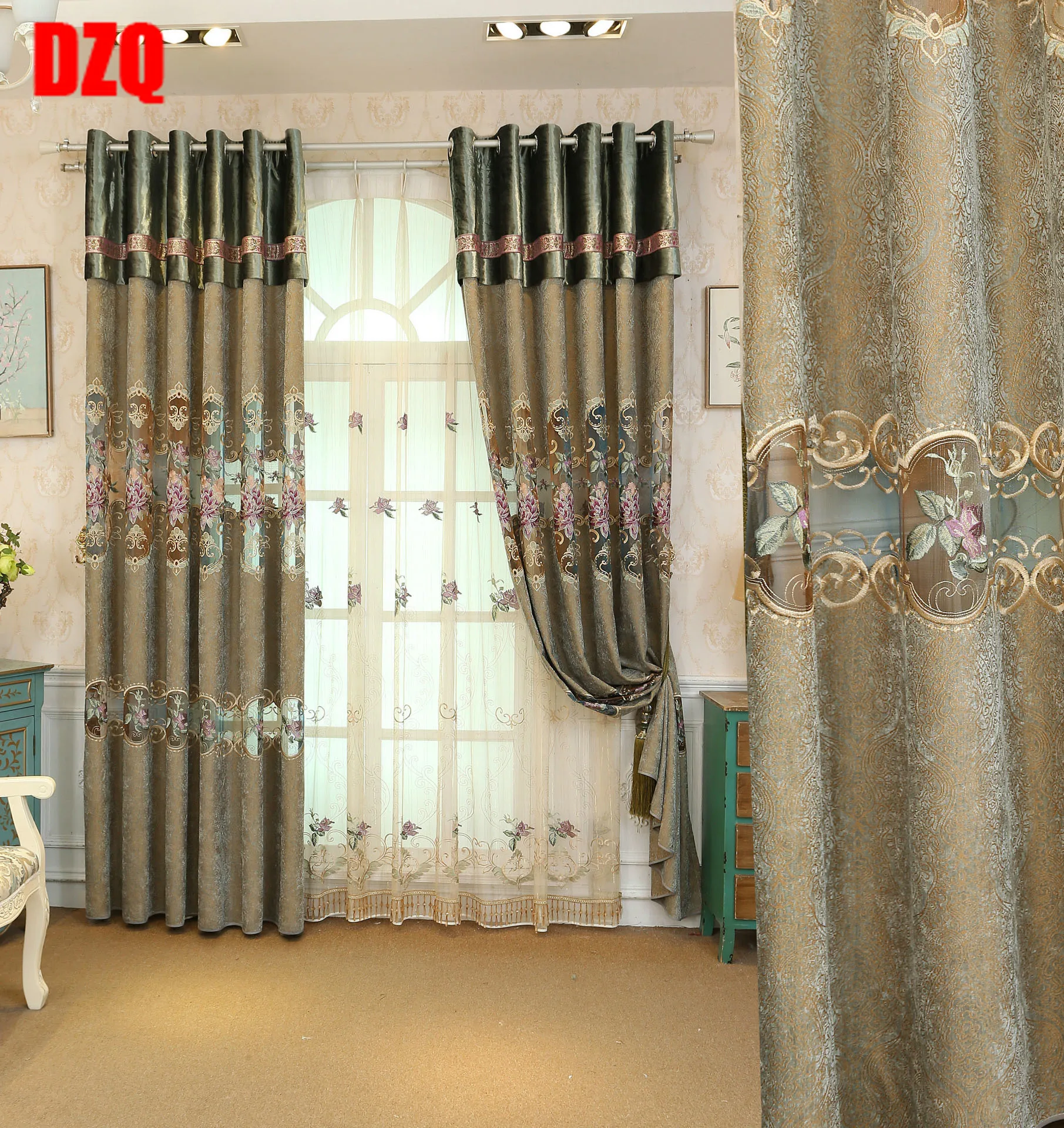 

Luxury European Polyester High Quality Embroidery Blackout Curtains for Living Room with Voile Curtain for Bedroom