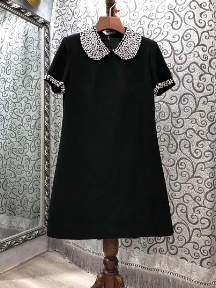 

Sweet Cute Dress 2020 Autumn Ladies Peter Pan Collar Crystal Beading Deco Short Sleeve Slim Fitted A-Line White Black Dress Girl