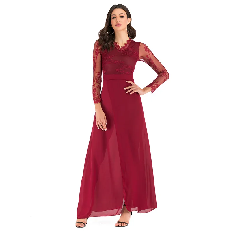 Ladies Elegant Dress V-neck Floral Lace Embroidery Long Maxi Dress Evening Party Gown Patchwork Long Sleeve Red Black Dresses