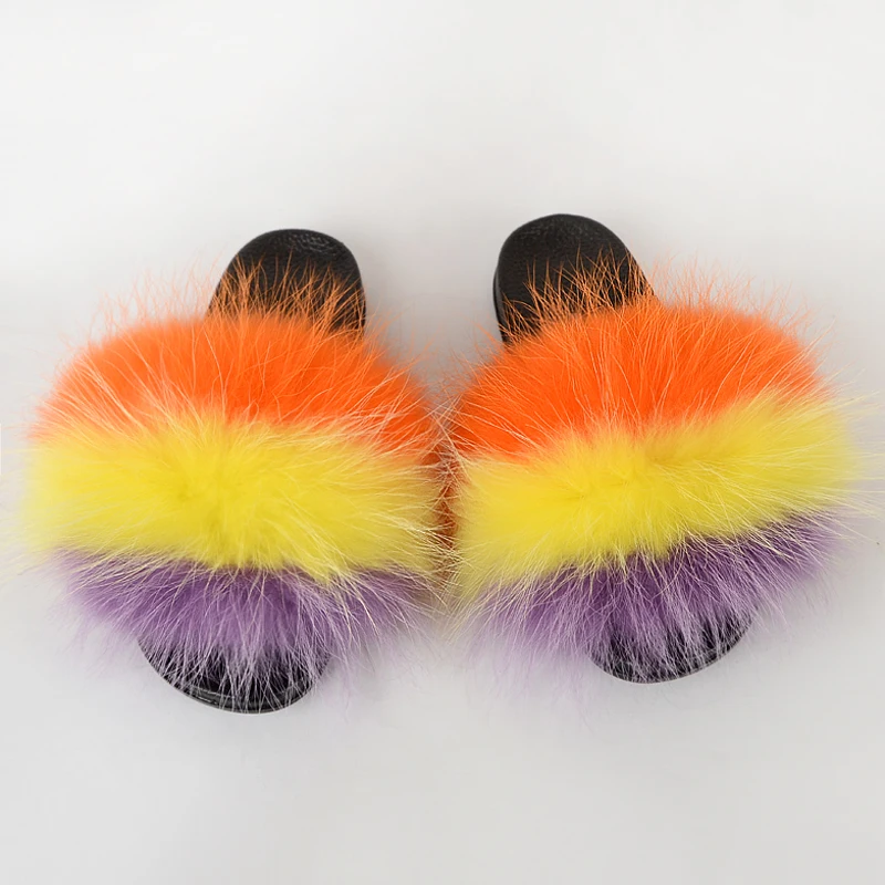 

Сандалии женские с мехом енота, Нескользящие домашние тапочки, натуральный мех, Нескользящие, разноцветные, летние