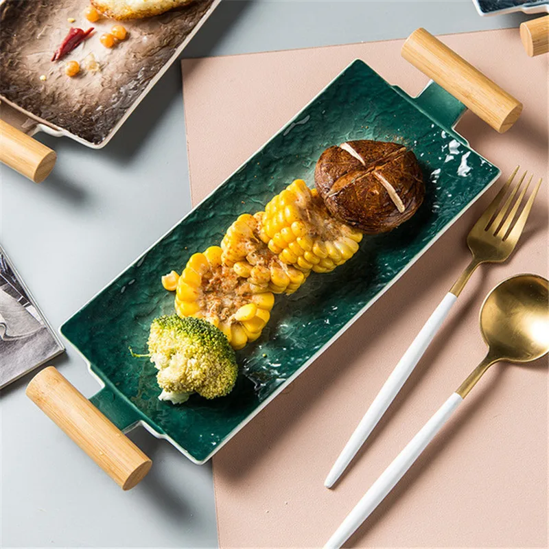 Японская керамическая прямоугольная тарелка для суши с деревянной ручкой