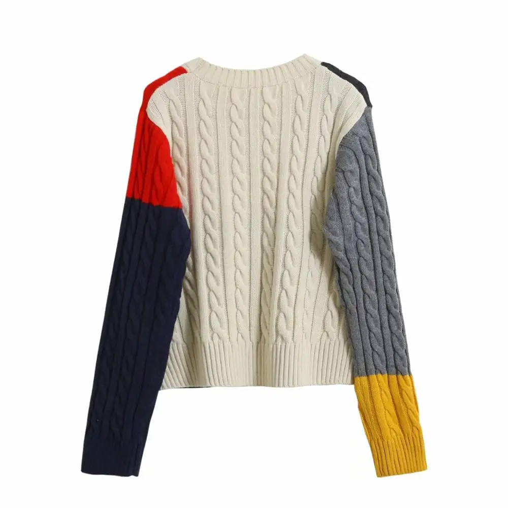 Женский пуловер свитер контрастных цветов пэчворк Вязанный с длинными рукавами