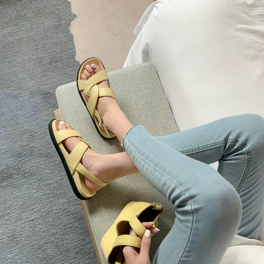 

QUTAA 2021 Wedge Heel Slingback Buckle Casual Women Sandals Open Toe Genuine Leather Summer Basic Female Shoes Size 34-39