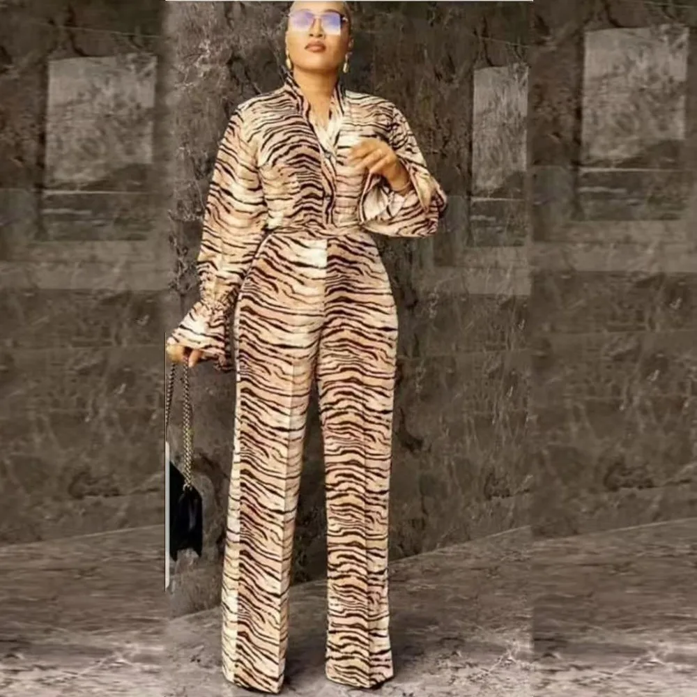 

Two Piece Matching Women Sets New African Dashiki Fashion Leopard Suit Top Shirt And Pants Super Elastic Party Set Outfits