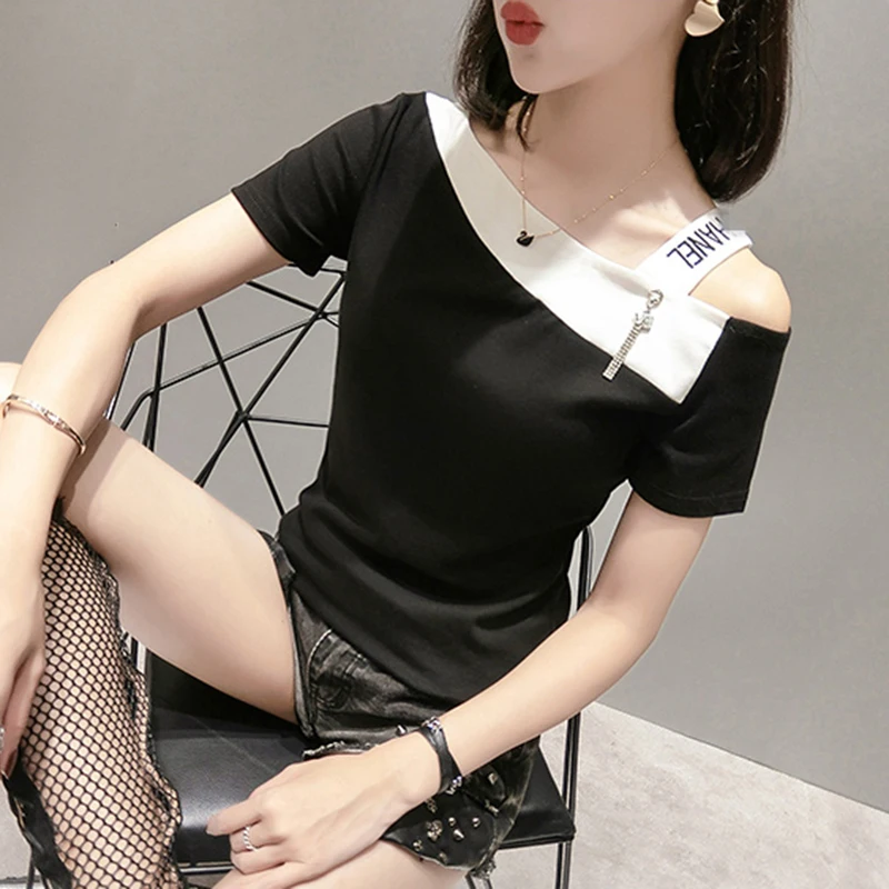 #5909 красная черная белая сексуальная футболка Женская облегающая с коротким