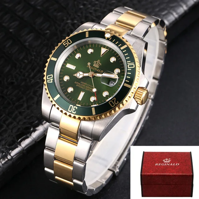 green gold with box Мужские часы Топ бренд Реджинальд часы мужские спортивные часы вращающийся ободок GMT сапфировое стекло Дата часы из нержавеющей стали подарки - Цвет: green gold with box
