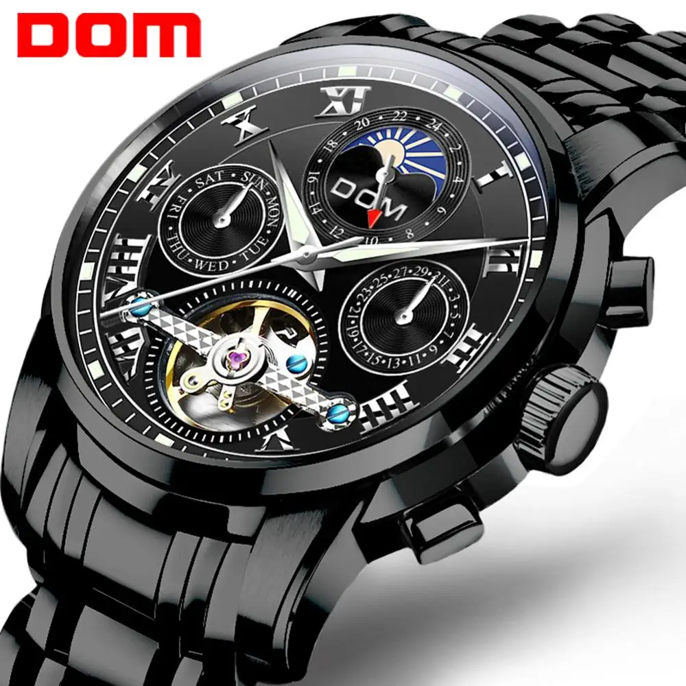 DOM Brand Men Watches Automatic Mechanical Watch Tourbillon Sport Clock Black Steel Casual Business Retro Wristwatch M-75BK-1MH enlarge