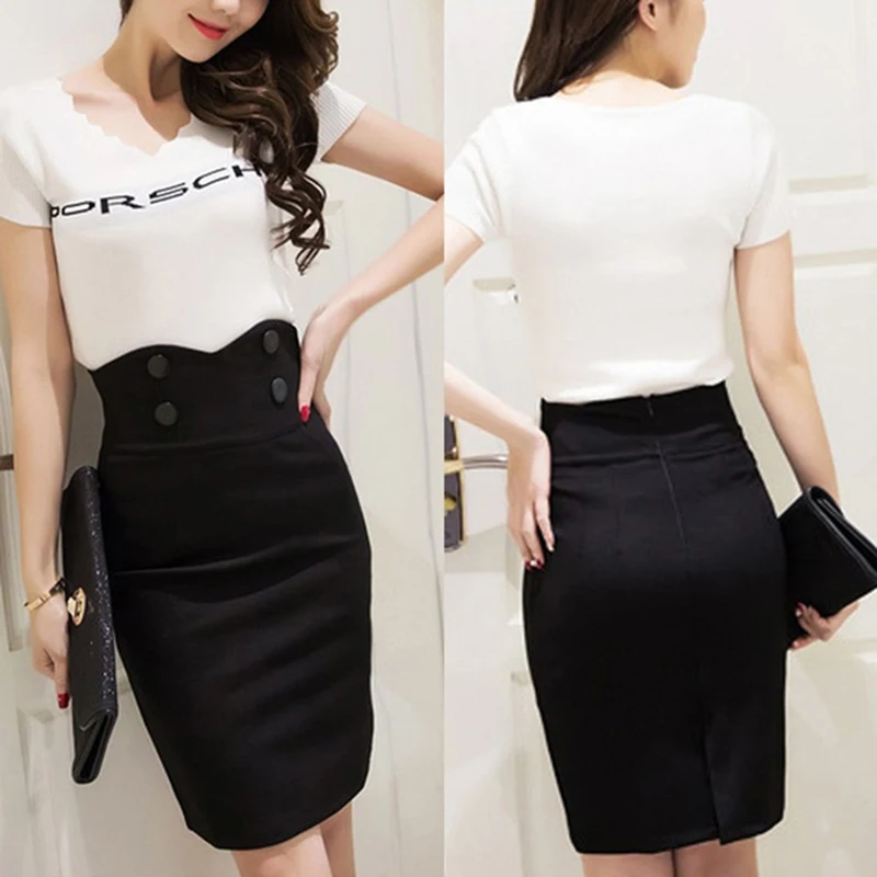 

2021 High Waist Elastic Women Skirts Elegant Slim Solid Color Black Red Double Button OL Sexy Back Slit Pencil Skirts For Women