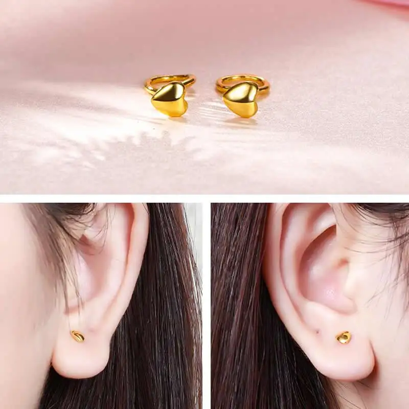 

Solid 24K Yellow Gold Earrings Women 999 Gold Heart Stud Earrings