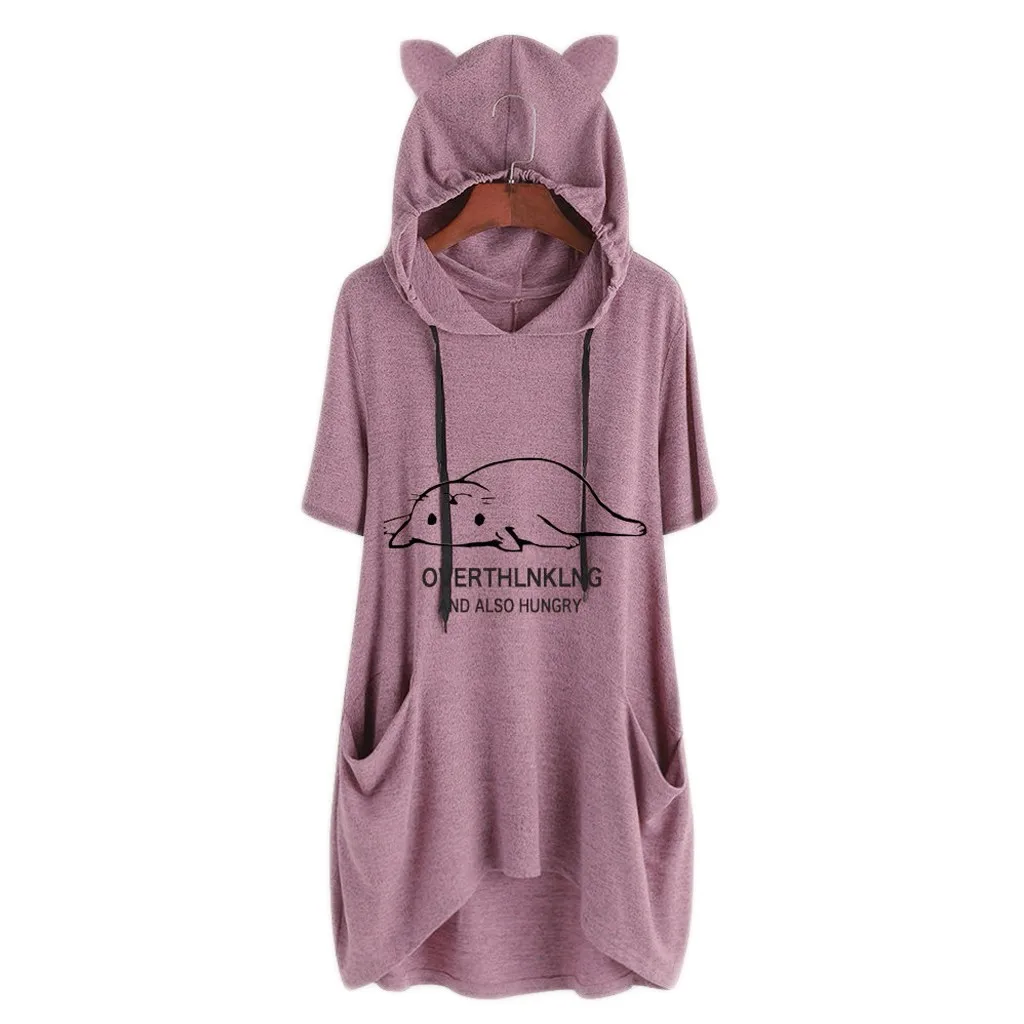 Свитшот женская футболка с кошачьими ушками размера плюс капюшоном со сплошным