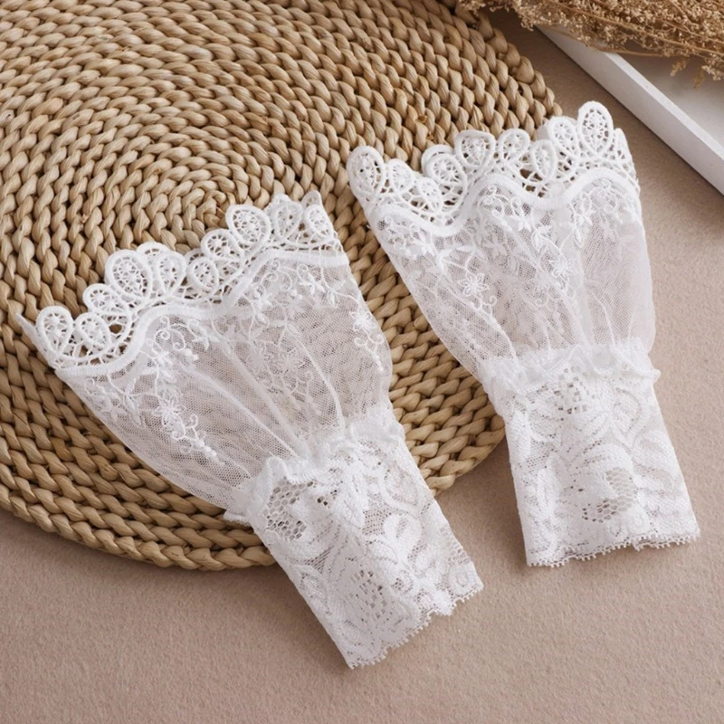 

Women Ruffled Floral Lace Layered Horn Cuffs Stretch Bracelet Vintage Sunscreen Detachable False Sleeves Wrist Warmers