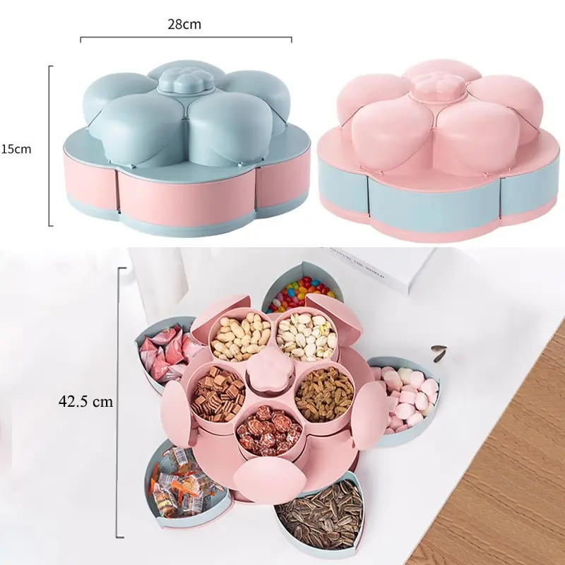 

Petal Shape Rotating Candy Box Snack Nut Box Flower Candy Fruit Plate Food Storage Case Two-deck Dried Fruit Storage Organizer