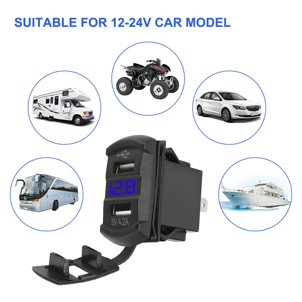

Universal Dustproof Phone Charger 5V 4.2A Digital display Auto Adapter Dual USB Ports Car Charger for Car RV Camper Caravans