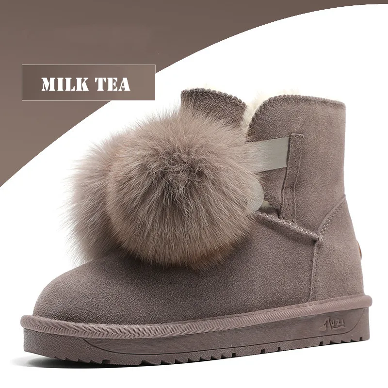 milk tea Г., зимние сапоги женские винтажные Зимние ботильоны из натуральной замши и плюша с меховыми помпонами Нескользящая водонепроницаемая обувь женские ботинки - Цвет: milk tea