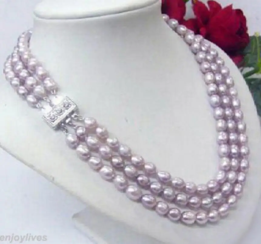 

3 Rows Genuine Purple Pearl Rice Beads White Gold Plated Crystal Clasp Necklace