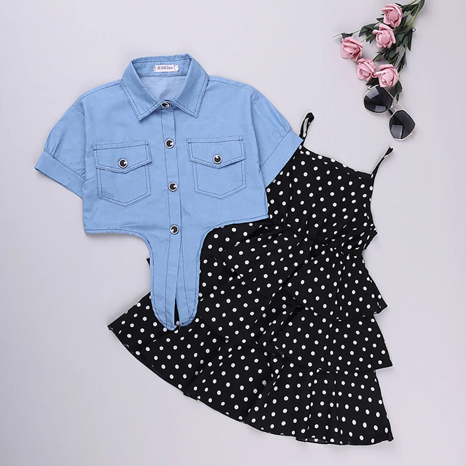 

Baby Girl Summer Outfits Girls Denim Chiffon Dress Fashion Polka Dots Layered Party Gown 4-12T