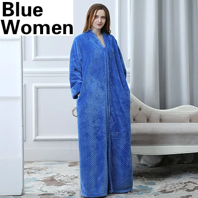 Blue Women Мужской термо халат размера плюс, плотный фланелевый теплый банный халат кимоно, мужской зимний халат, женский мужской халат с длинным рукавом - Цвет: Blue Women