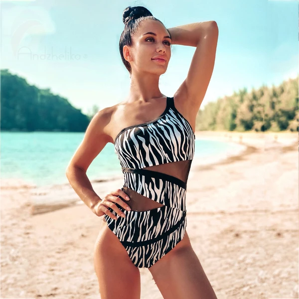 

Sexy One Shoulder One Piece Swimsuit 2021 New Off Shoulder Mesh Patchwork Swimwear Bodysuit Bathing Suit