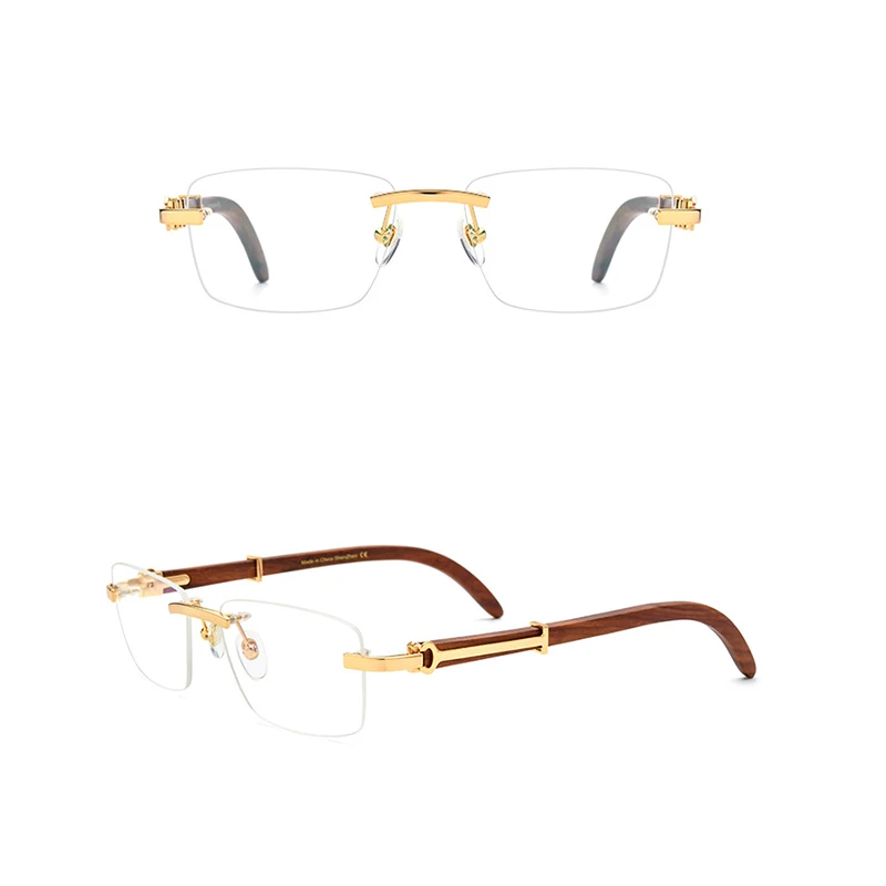 Belight Optical Metal with Rosewood Rimless Square Shape Design Men Vintage Retro Prescription Eyeglasses Frame Eyewear 150251