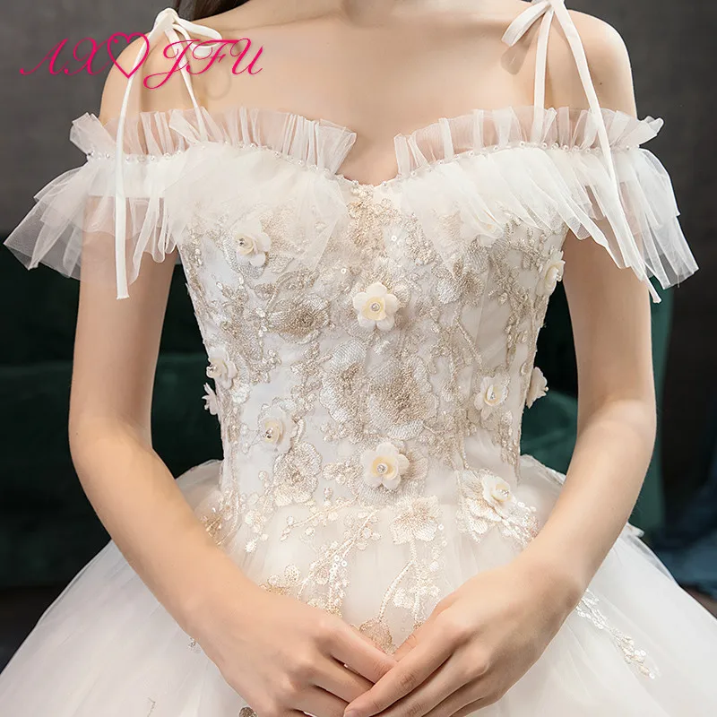 

AXJFU princess flower lace bride wedding dress vintage bow neck bow ruffles beading pearls bride ball gown white wedding dress