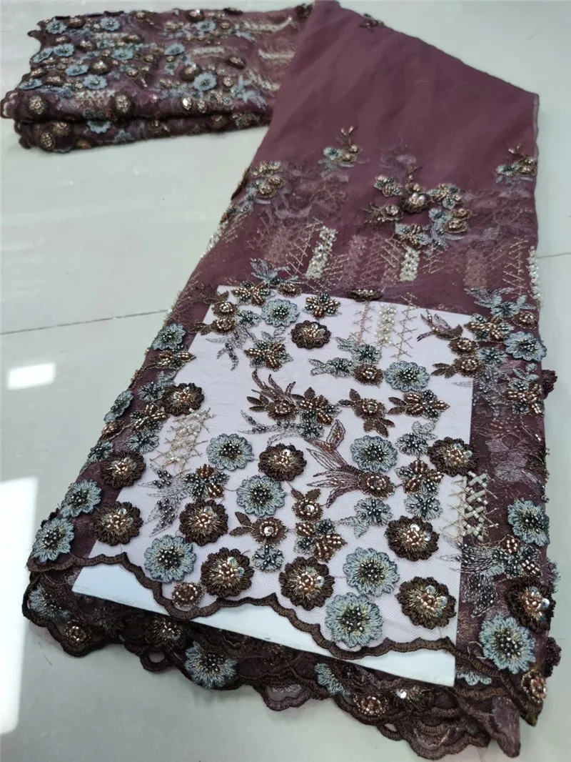 

5yards appliqued net tulle lace fabric newcoming african mesh lace fabric with beads tube for bridal dress YAY1044