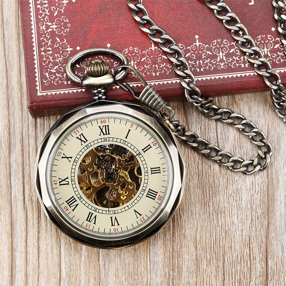 Open Face Roman Numerals Display Bronze Manual Mechanical Pocket Watch Transparent Skeleton Pendant Hand Winding Pocket Clock