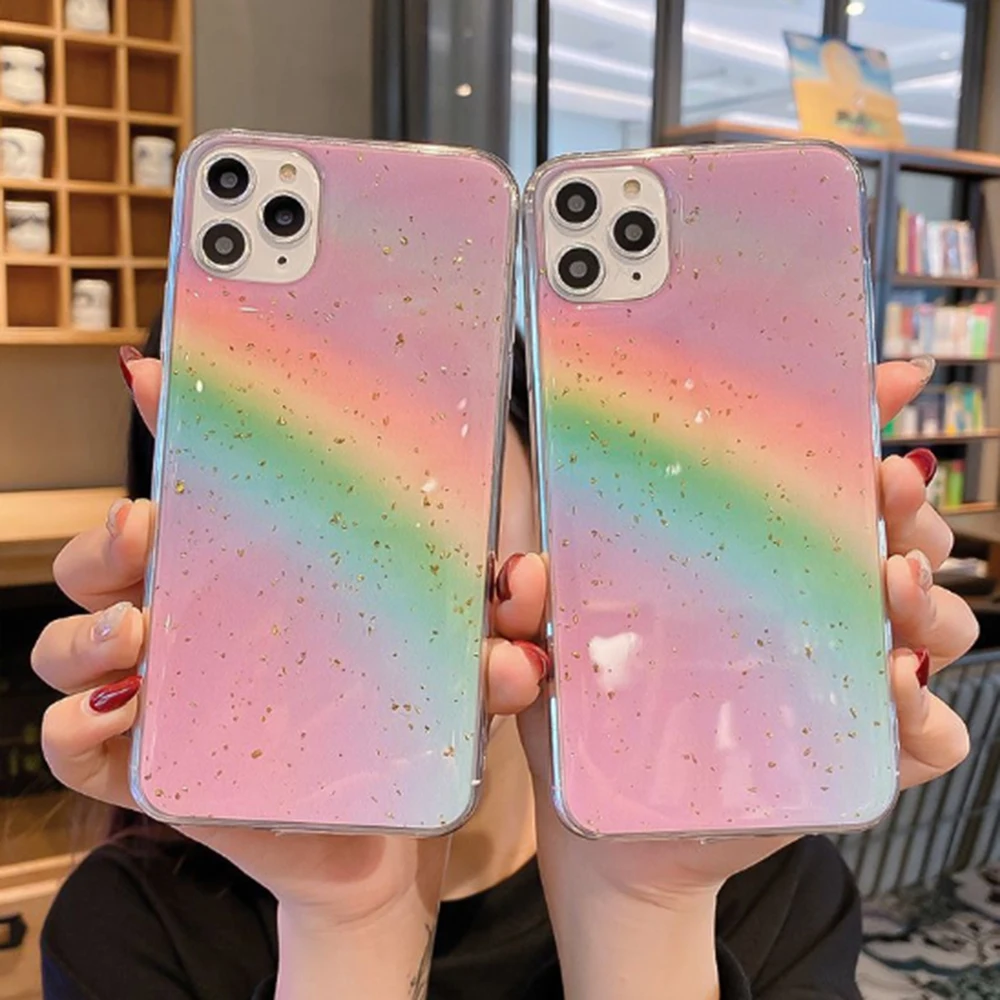 Мягкий силиконовый чехол для iphone 11 XR X XS Max блестящий Радужный Pro 8 7 6 6sPlus SE с золотой