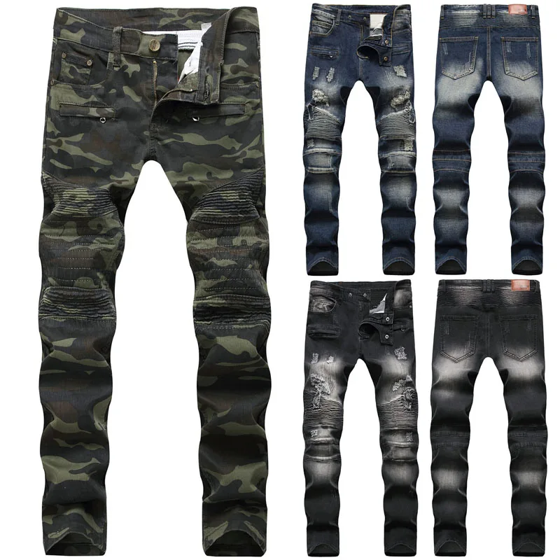 Мужские байкерские джинсы высокого качества обтягивающие Стрейчевые рваные